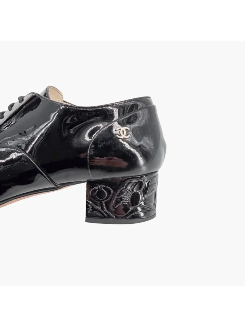 Chanel CC Camellia Flower Patent Oxford Heels Black Leather Size 37 US 6-6.5